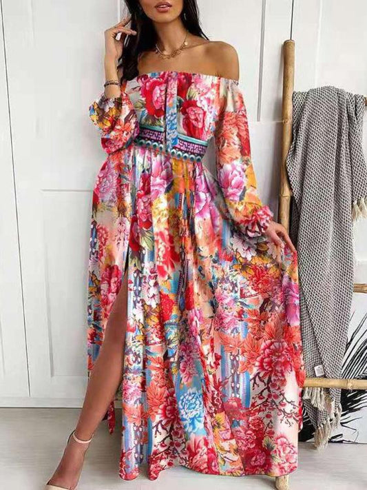 Dresses Off Shoulder Long Sleeve Printed Split Dress for Women