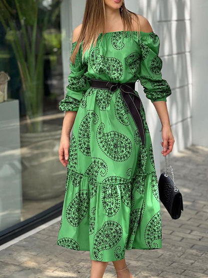 Dresses One-Shoulder Belted Long Sleeve Print Dress for Women