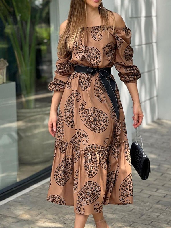 Women's Dresses One-Shoulder Belted Long Sleeve Print Dress - LuckyFash™