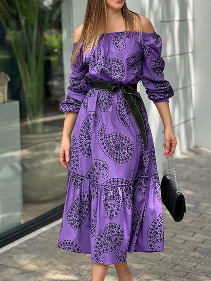 Women's Dresses One-Shoulder Belted Long Sleeve Print Dress - LuckyFash™