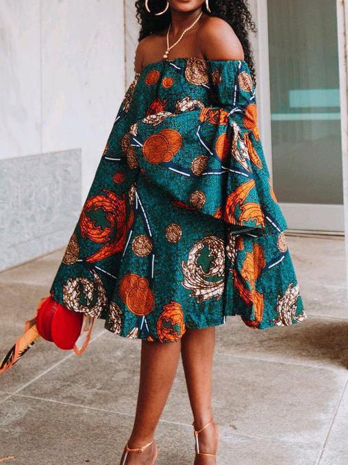 Women's Dresses One Shoulder Flared Sleeve Print Dress - LuckyFash™