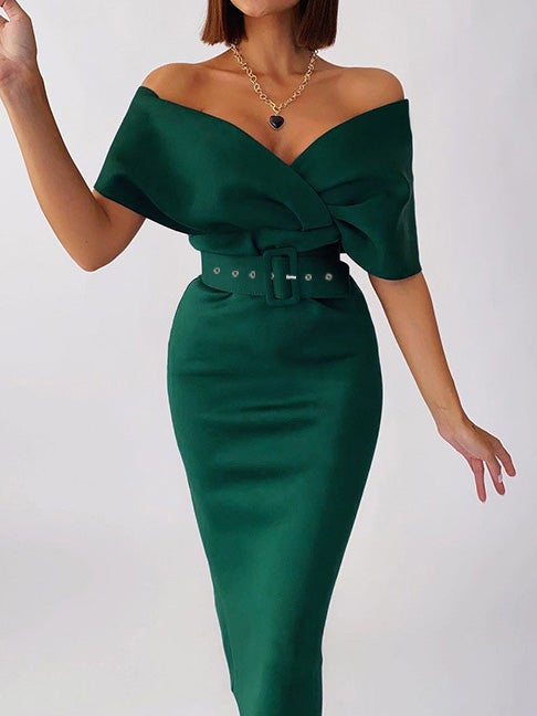 Dresses One Word Collar Belt Bodycon Dresses for Women