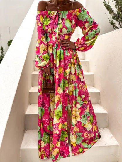 Women's Dresses One Word Collar Floral Print Long Sleeve Slit Dress - LuckyFash™