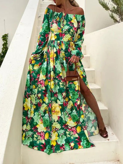 Dresses One Word Collar Floral Print Long Sleeve Slit Dress for Women