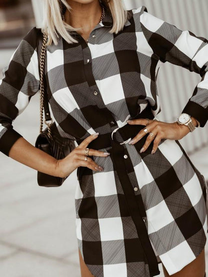 Women's Dresses Plaid Belted Long Sleeve Shirt Dresses - LuckyFash™