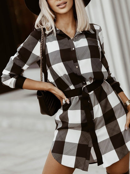 Dresses Plaid Belted Long Sleeve Shirt Dresses for Women