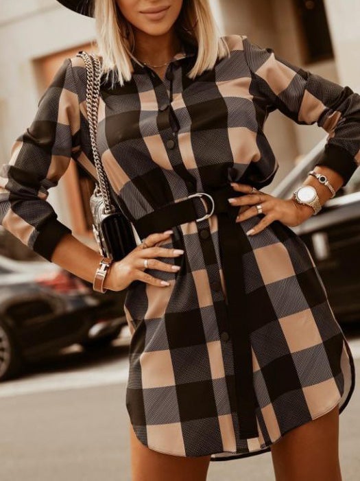 Women's Dresses Plaid Belted Long Sleeve Shirt Dresses - LuckyFash™