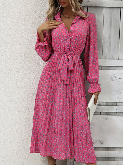 Dresses Pleated Tie Long Sleeve Print Dress for Women