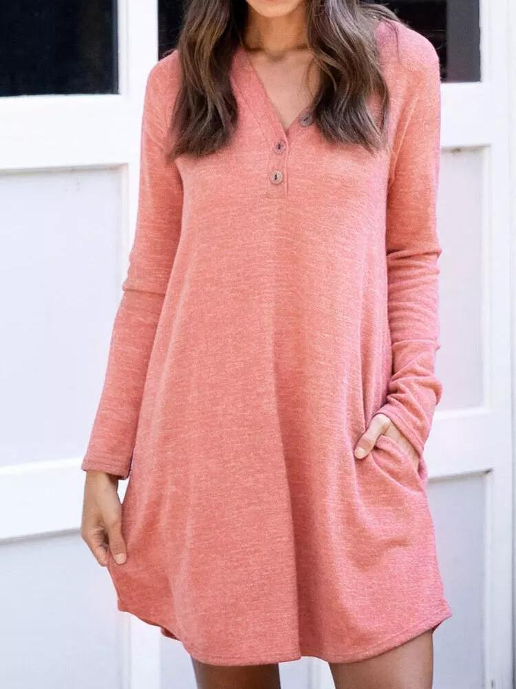 Women's Dresses Pocket Button Solid Casual Long Sleeve Dress - LuckyFash™