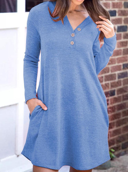 Dresses Pocket Button Solid Casual Long Sleeve Dress for Women