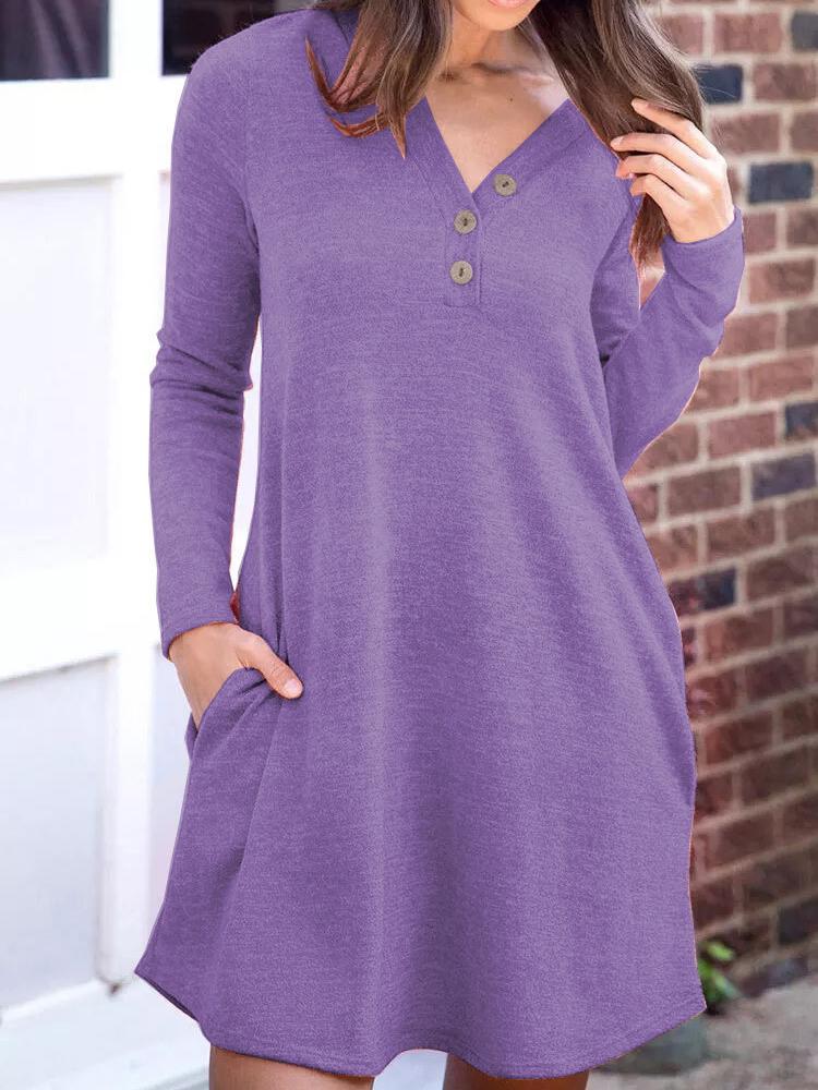 Dresses Pocket Button Solid Casual Long Sleeve Dress for Women