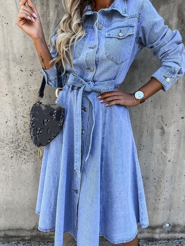 Dresses Pocket Lapel Belted Long Sleeve Denim Dress for Women