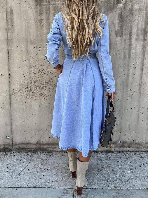 Women's Dresses Pocket Lapel Belted Long Sleeve Denim Dress - LuckyFash™