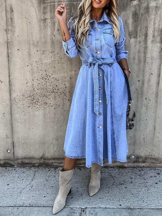 Women's Dresses Pocket Lapel Belted Long Sleeve Denim Dress - LuckyFash™