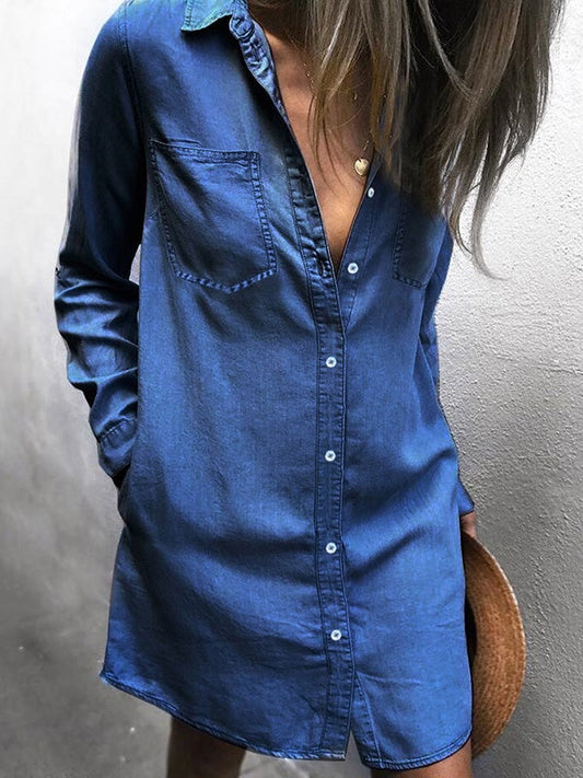 Dresses Pocket Long Sleeve Denim Shirt Dress for Women