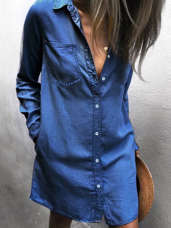 Women's Dresses Pocket Long Sleeve Denim Shirt Dress - LuckyFash™