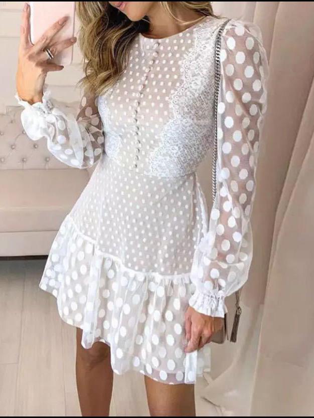 Women's Dresses Polka Dot Stitching Lace Long Sleeve Dress - LuckyFash™