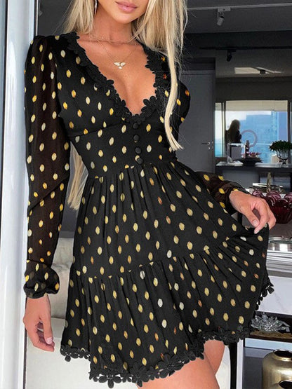 Dresses Polka Dot V-Neck Lace Long Sleeve Dress for Women