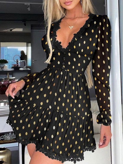 Women's Dresses Polka Dot V-Neck Lace Long Sleeve Dress - LuckyFash™