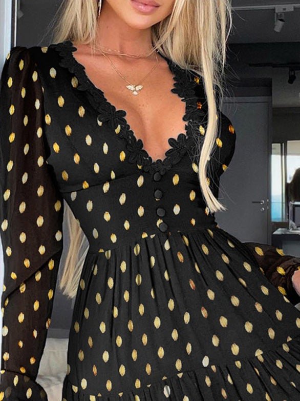 Women's Dresses Polka Dot V-Neck Lace Long Sleeve Dress - LuckyFash™