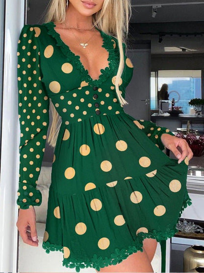 Women's Dresses Polka Dot V-Neck Lace Long Sleeve Dress - LuckyFash™