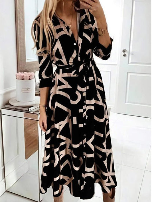 Dresses Print Lace-Up Long Sleeve Shirt Dress for Women