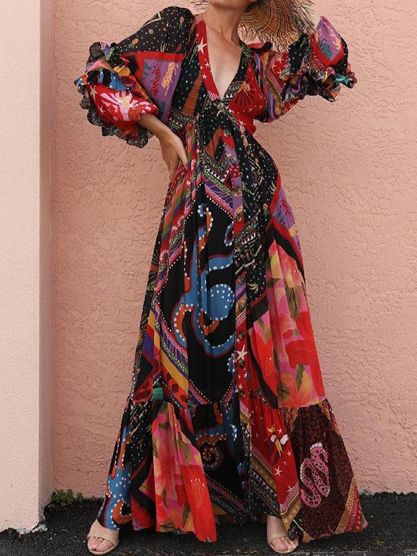 Women's Dresses Printed Bohemian V-Neck Long Sleeve Dress - LuckyFash™