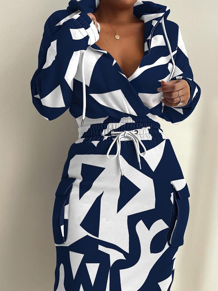 Printed Elastic Waist Pocket Long Sleeve Dress