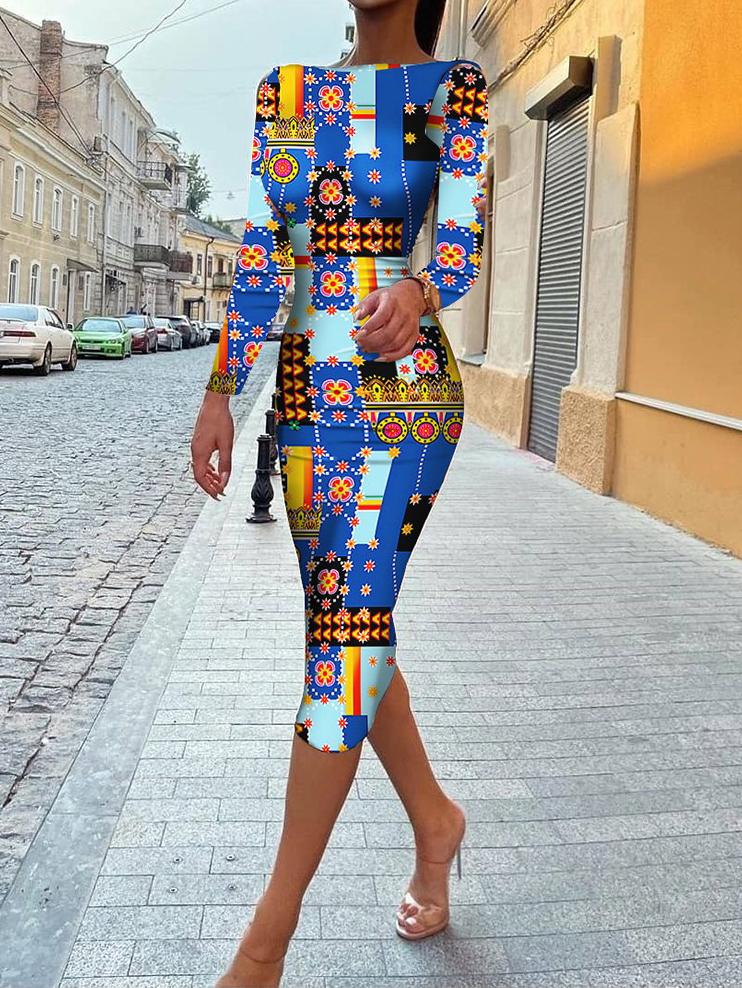 Women's Dresses Printed Halter Long Sleeve Skinny Dress - LuckyFash™