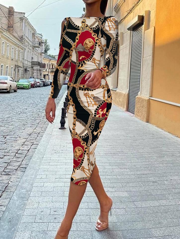 Dresses Printed Halter Long Sleeve Skinny Dress for Women