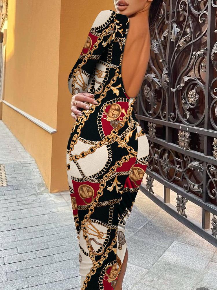 Women's Dresses Printed Halter Long Sleeve Skinny Dress - LuckyFash™