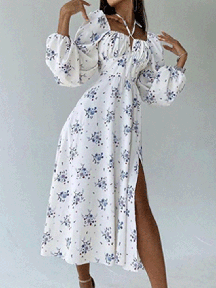 Women's Dresses Printed Halter Neck Bubble Long Sleeve Split Dress - LuckyFash™