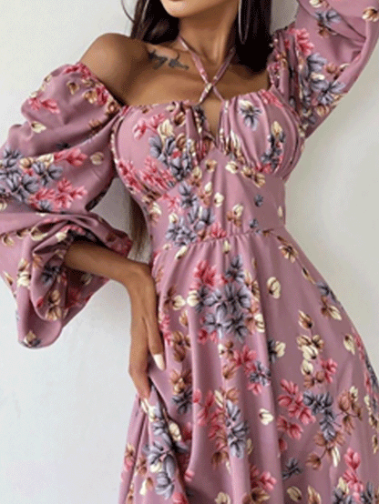 Women's Dresses Printed Halter Neck Bubble Long Sleeve Split Dress - LuckyFash™