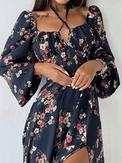 Women's Dresses Printed Halter Neck Bubble Long Sleeve Split Dress - LuckyFash™