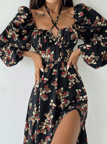 Women's Dresses Printed Halter Neck Bubble Long Sleeve Split Dress - LuckyFash™