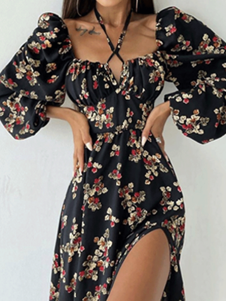 Dresses Printed Halter Neck Bubble Long Sleeve Split Dress for Women