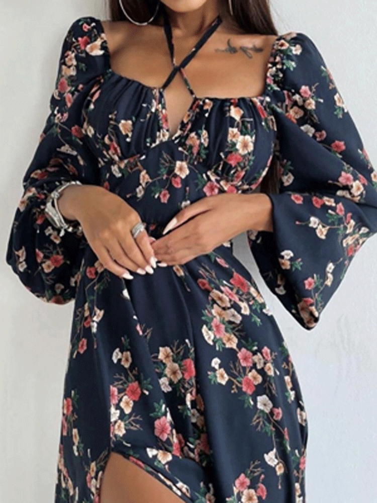 Women's Dresses Printed Halter Neck Bubble Long Sleeve Split Dress - LuckyFash™