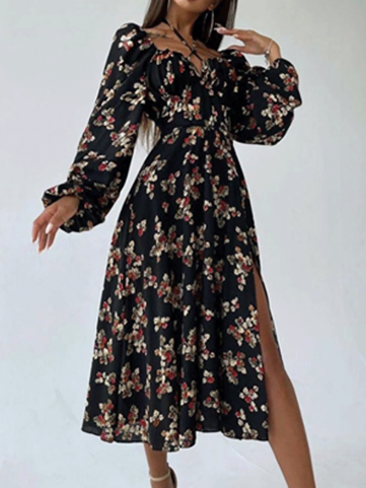 Women's Dresses Printed Halter Neck Bubble Long Sleeve Split Dress - LuckyFash™