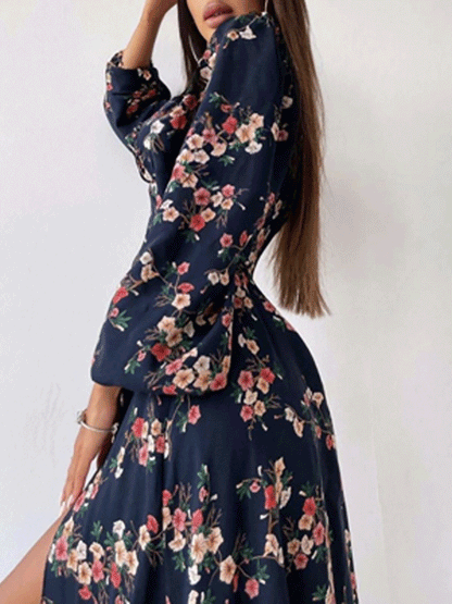 Women's Dresses Printed Halter Neck Bubble Long Sleeve Split Dress - LuckyFash™