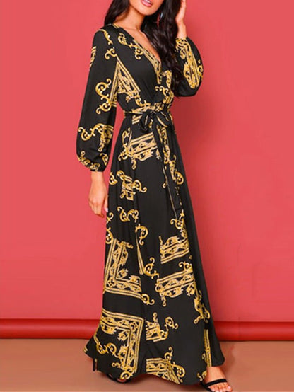 Dresses Printed Lace-Up Long Sleeve Dress for Women