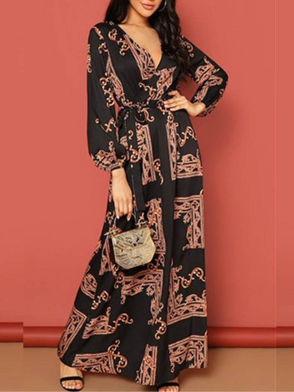 Women's Dresses Printed Lace-Up Long Sleeve Dress - LuckyFash™