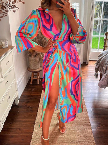 Women's Dresses Printed Lapel Collar Long Sleeve Slit Dress - LuckyFash™