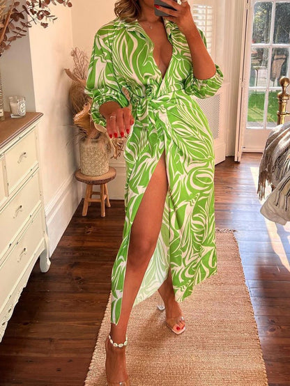 Dresses Printed Lapel Collar Long Sleeve Slit Dress for Women