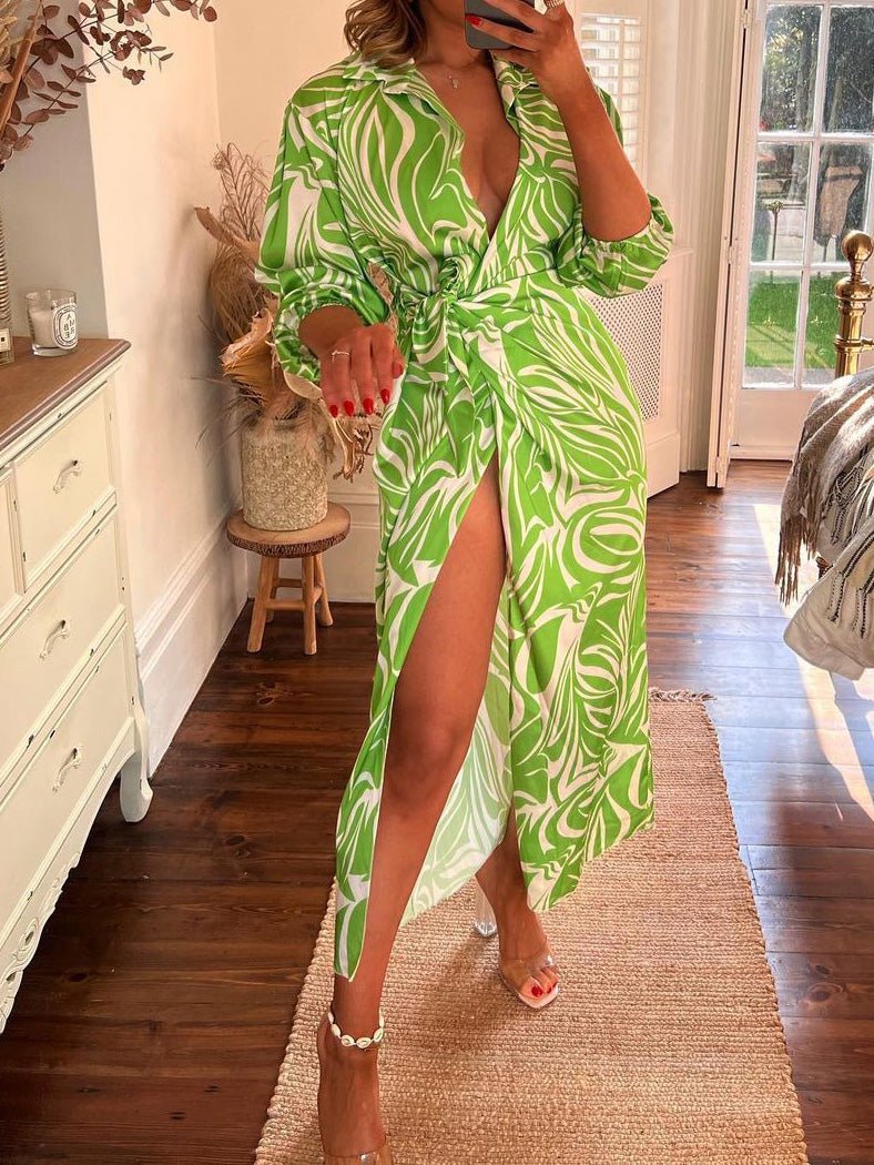 Women's Dresses Printed Lapel Collar Long Sleeve Slit Dress - LuckyFash™