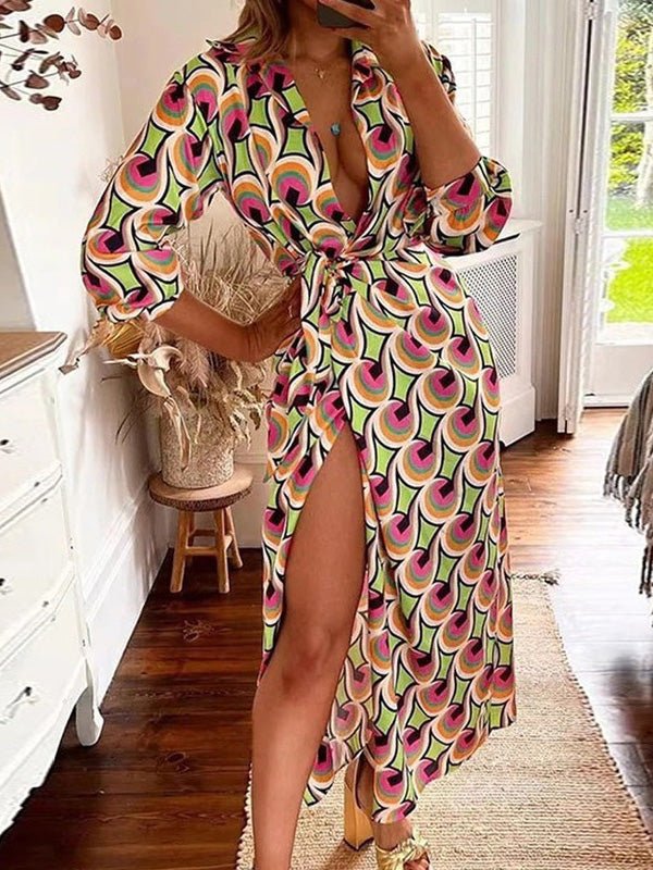 Dresses Printed Lapel Tie Long Sleeve Slit Dress for Women