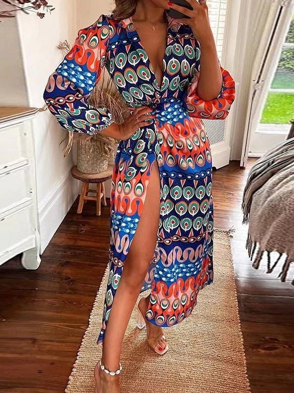 Women's Dresses Printed Lapel Tie Long Sleeve Slit Dress - LuckyFash™