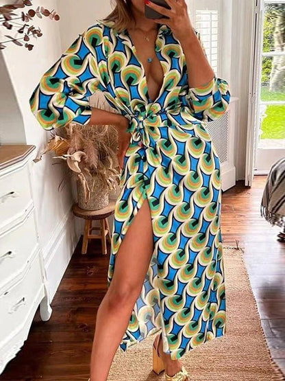 Dresses Printed Lapel Tie Long Sleeve Slit Dress for Women