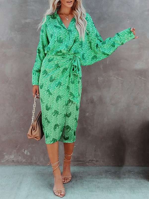 Dresses Printed Long Sleeve Lapel Shirt Dress for Women