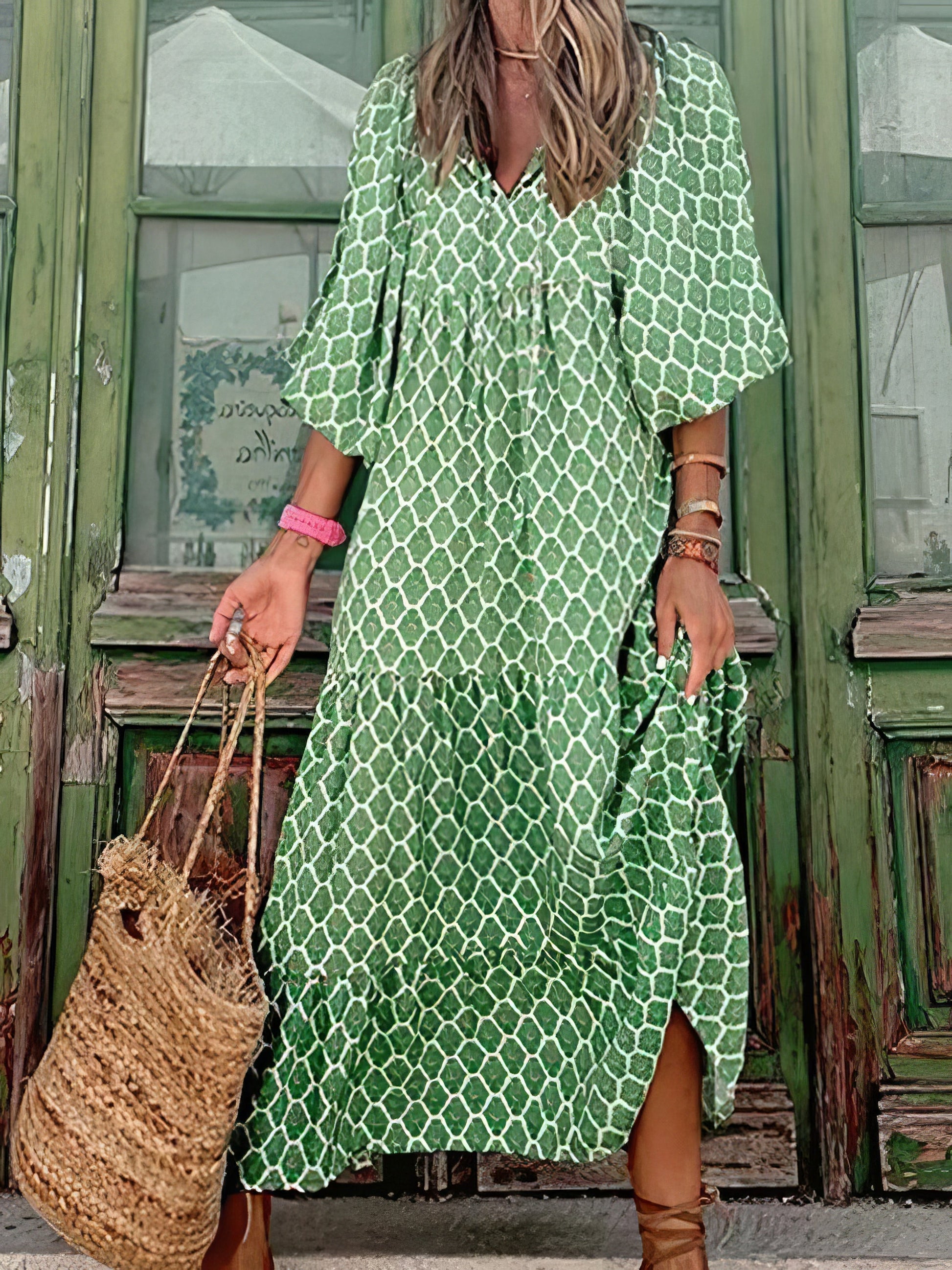 Maxi Dresses - Printed Long Sleeve Loose Bohemian Dress - MsDressly