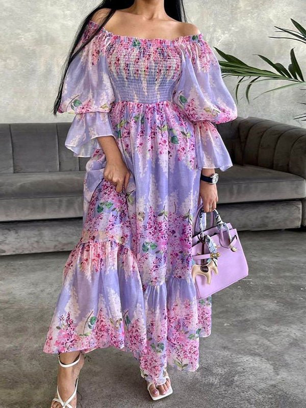 Women's Dresses Printed One-Shoulder Long Sleeve Swing Dress - LuckyFash™